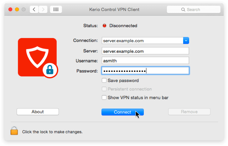 Экран входа в Kerio Control VPN клиент, который обеспечивает безопасный доступ к сети компании из любой точки мира